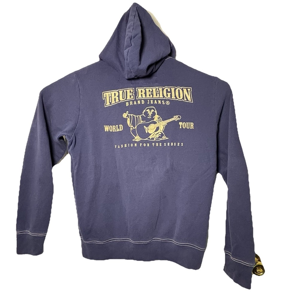 True Religion Jacket Big‎ Back Spell Out Front Emblem Hooded Navy Blue Sz L
